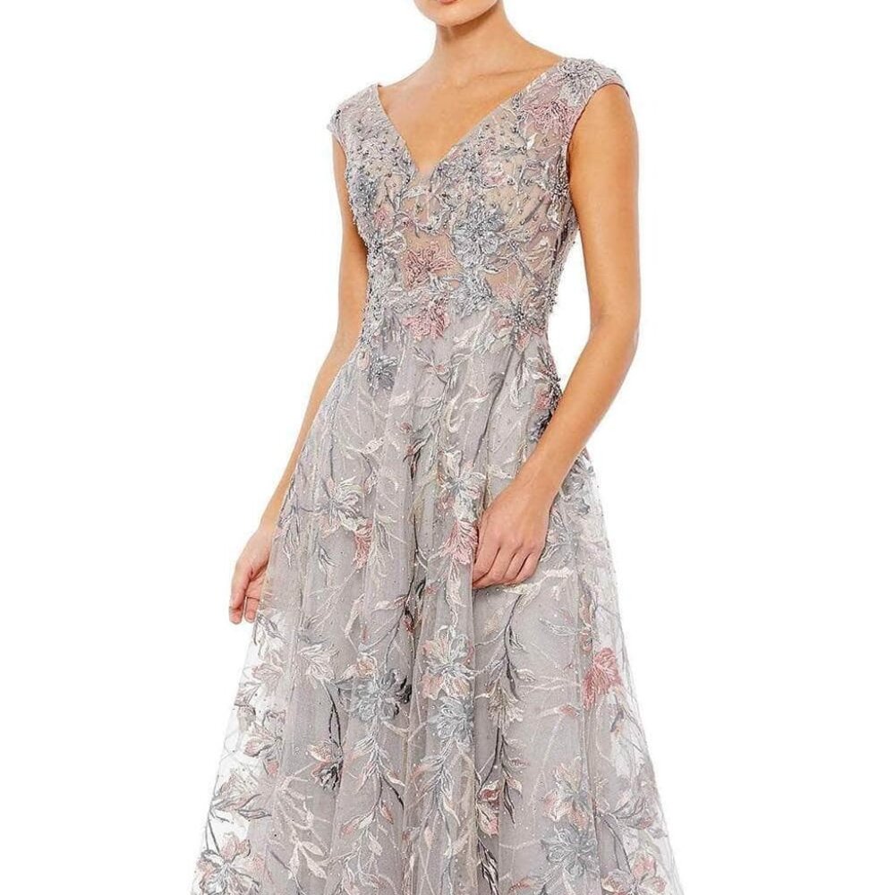 Mac Duggal Floral Embroidered Gown in Gray and Pink